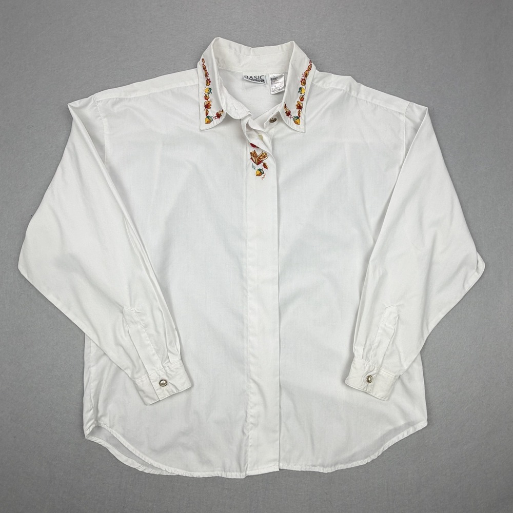 Basic Editions Vintage White Autumn Embroidered Button Down Shirt Fall Leaves Lg
